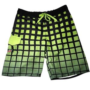 Mountain Dew Board Shorts Black Neon Green Checkered Cargo Pocket Mens Size 36